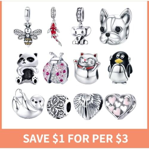 BISAER Top Sell Alloy Beads Bulldog Bee Elephant Penguin Cute Animal Charms Beads Fit Original Bracelets DIY Accessories EGC025