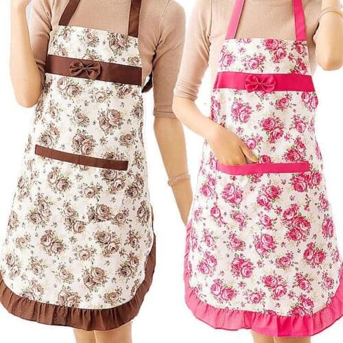 Oil-proof Cooking Apron For Women Adjustable Kitchen Cooking Coffee Shop Flower Printed Bowknot Cleaning Aprons With Pocket