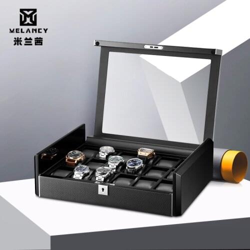 MELANCY Carbon Fiber Black Watch Box Luxury Display Storage Boxes 18 Watches Wood PU Leather Lock Case