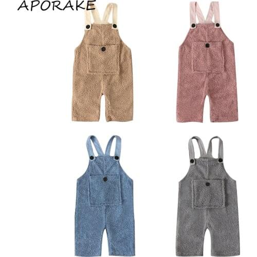 2021 0-3Y Toddler Girl Boy Jumpsuit Overalls Winter Autumn Solid Color Single Button Pocket Straps Fluffy Long Pants