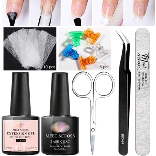 MEET ACROSS Quick Extension UV Gel Set Clear Pink Builder Nail Gel Polish for Nail Extensions Nail Forms Nail Files Manicure Tip