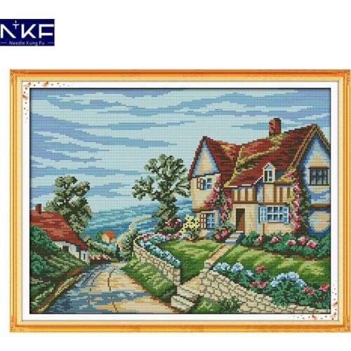 NKF Beautiful Village Counted Cross Stitch Pattern Painting DIY Needlework Embroidery Scenery Cross Stitch Kits for Home Decor