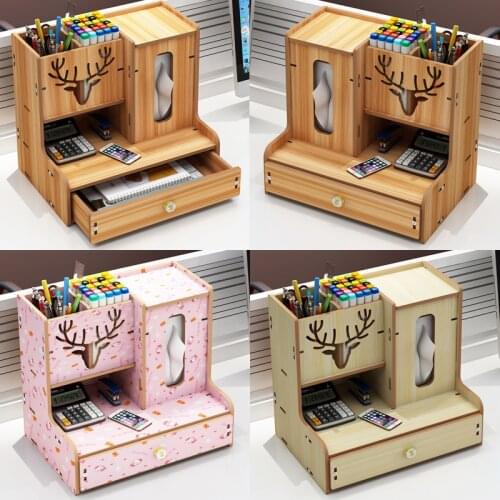 New Wooden Desk Organizer Multi-Functional DIY Pencil Holder Box Desktop Stationary Assemble Storage Rack With Drawer TIssue Box
