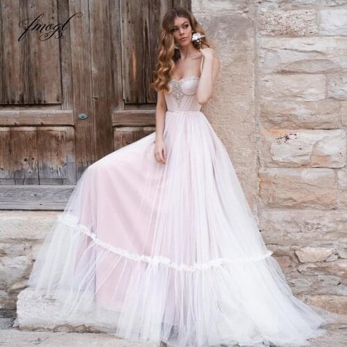 Fmogl Sexy Backless Sweetheart Pleat Beach Wedding Dresses 2021 Luxury Spaghetti Straps Beaded Sweep Train Vintage Bride Gown