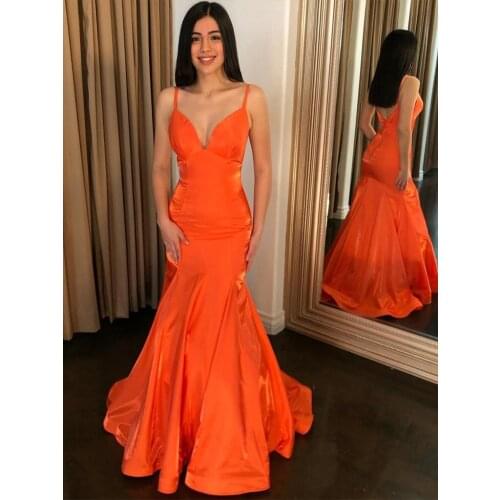 Simple Design Orange Evening Dress Spaghetti Straps Mermaid Long Prom Gown Vestidos De Festa