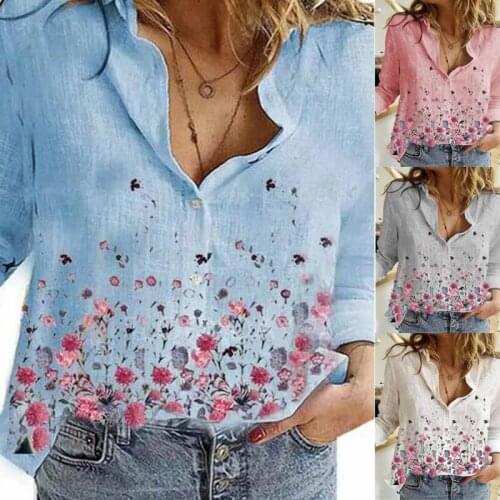 Autumn and Spring Elegant V-Neck Pullover Retro Print Pullover Floral Top Shirt Womens Casual Long Sleeve Button Top Blusas
