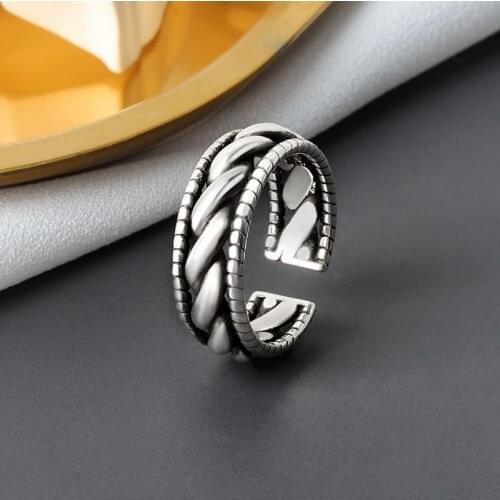 Vintage Ancient Silver Color Adjustable Open Rings for Women Men Punk Hip Hop Three-layer Link Twisted Ring Fashion Jewelry Gift