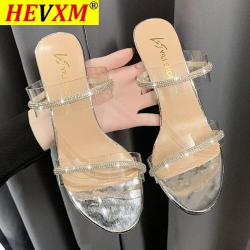 Summer WomensTrend Sandals Rrhinestone Shiny Word With Thick Heel Slippers Square Head Transparent Sandals Elegant Woman Shoes