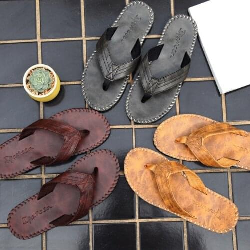 Flip-flops male pu leather beach shoes car stitching personality flip-flop sandals and slippers Korean male slippers