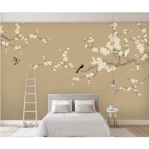 Modern wallpaper for living room New chinese style hand painted flower bird plum tv background wall