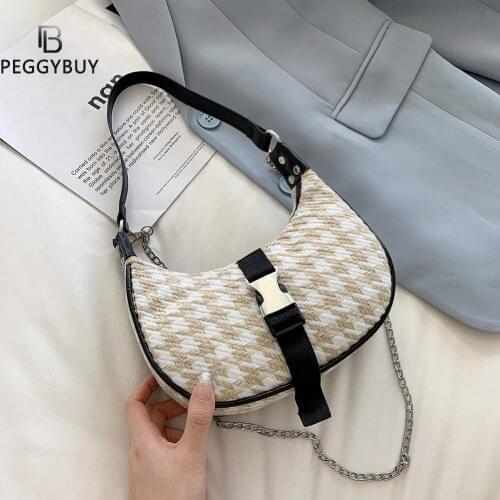 Women Plaid Pattern Underarm Crossbody Bag Retro Female Chain Hobos Handbag Lady Shoulder Crossbody Messenger Pouch