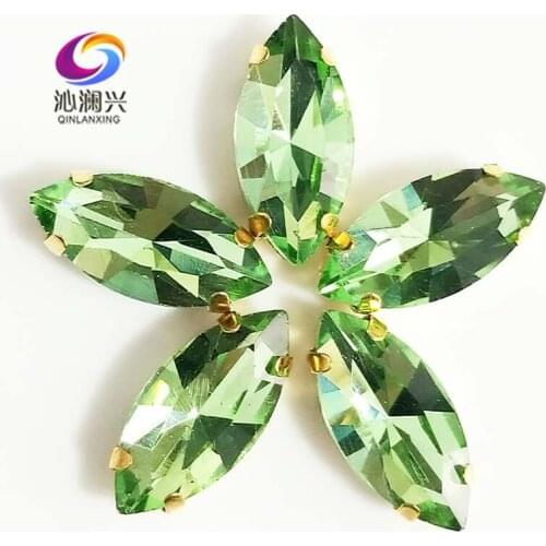 Light green eye shape Glass Crystal sew on stones with holes,Golden bottom loose rhinestones Diy/Clothing accessories SWMG16