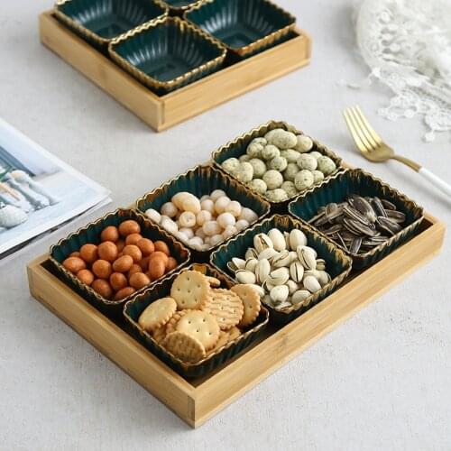 Nordic Green Phnom Penh Ceramic Dish Fruit Candy Dish Creative Porcelain Snack Dessert Plate with Natural Bamboo Tray Tableware