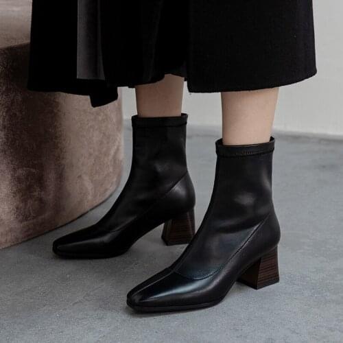QZYERAI 2021 New Black Leather Boots Women 6cm Heels Ladies Chelsea Boots Ankle Boots for Women Winter Shoes