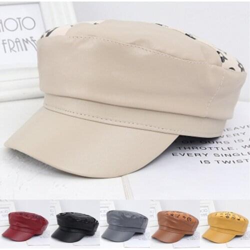 Women Fashion Octagonal Hats Casual Wild Cap Spring Autumn Retro Lace Beret Hat Letter Printing PU Newsboy Cap Painter Caps