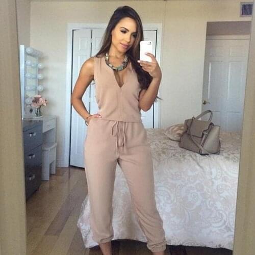 New Women Summer Sexy V Neck Jumpsuit Long Pants Solid Rompers Womens Sleeveless One Piece Bodysuit Jumpsuit