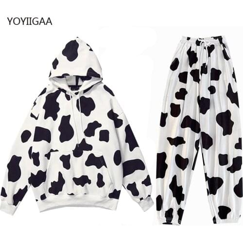 Cow Printed Women Hoodies 2 Piece Sets Autumn Winter Female Hoodie Tracksuits Thicken Warm Ladies Girls Hoodie Sweatshirt Suits