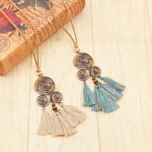 Women Vintage Long Tassel Pendant Necklace Bohemian Round Twist Ethnic Geometric Leather Rope Chain Necklaces