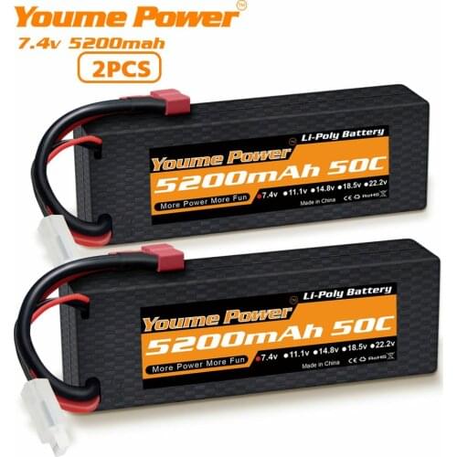2packs Youme 5200mAh 2S Lipo Battery 7.4V 50C 2S RC Battery with Deans Plug for RC Evader Boat Car Truck Truggy Buggy Tank