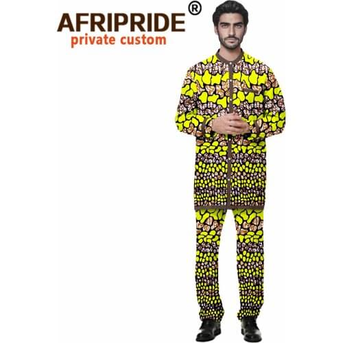 2021 African Men Suits Dashiki Clothing Print Shirts Tops and Long Pants with Pockets 2 Piece Set Ankara Outfit Blouse A2116004