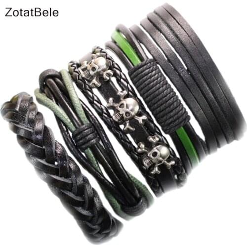 5Pcs/set Vintage Multilayer Leather Bracelet Men Fashion Braided Handmade Rope Wrap Bracelets&Bangles Male Gift F98