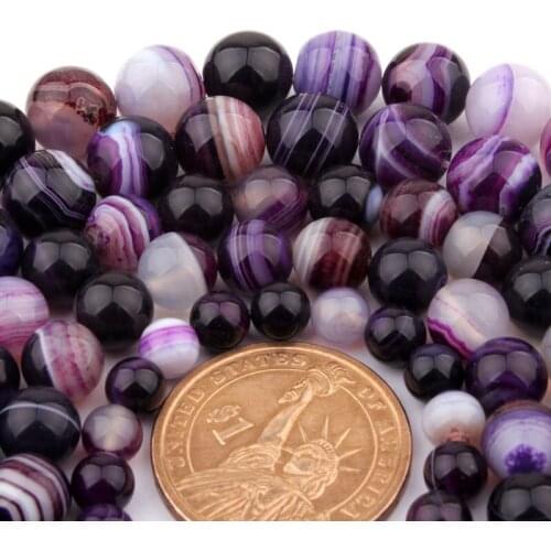 6,8,10,12mm Smooth Round Bead Purple Stripe Banded Agates Natural Stone Beads For DIY Necklace Bracelets Jewelry Making 15"