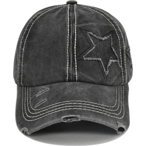 Womens Washed Cotton Baseball Cap Glitter Star Embroidery Vintage Distressed Messy High Bun Ponytail Hole Trucker Hat