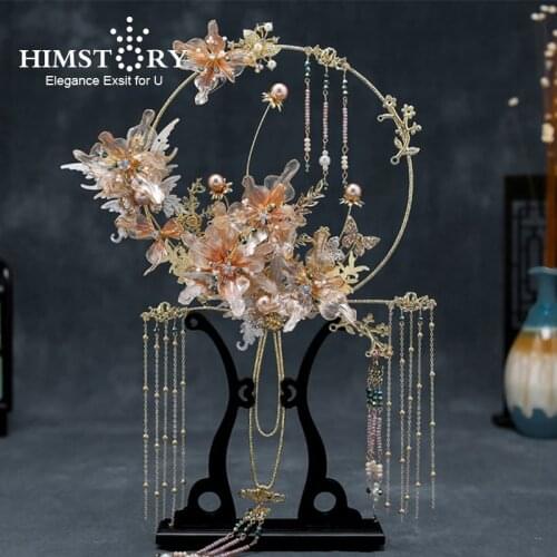 HIMSTORY Vintage Chinese Wedding Decorative Fans For Bride Gold Bridesmaid Handheld Bouquet Fans