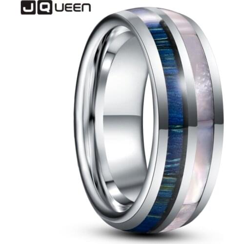 JQUEEN 8mm Blue Wood Grain White Shell Dome Tungsten Carbide Ring Mens Fashion Wedding Jewelry Gift