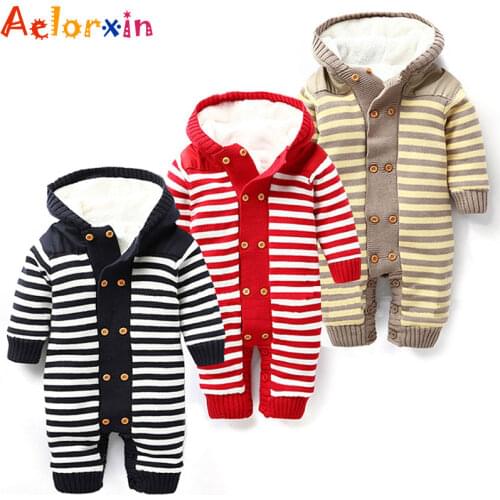 Aelorxin Newborn Baby Rompers Baby Clothes Long Sleeve Girls Boys Winter Hooded Knitting Christmas Thicken Clothing Set Outwear