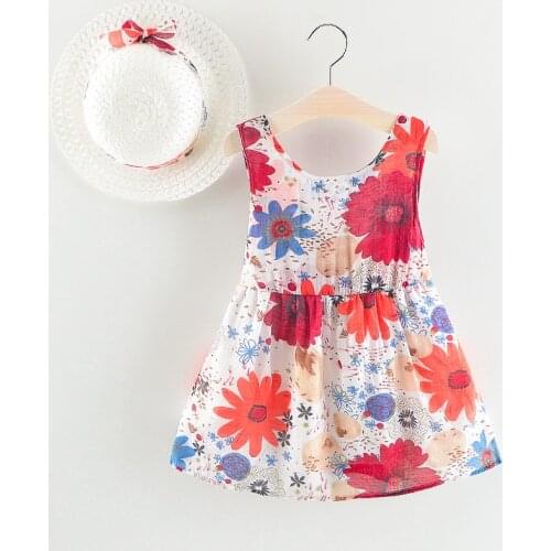 2 Pieces Baby Girls Summer Clothes Beach Sleeveless Dresses Newborn Infant Clothing Set Girl Skirt + Straw Sunhat 1 2 3 4 Years