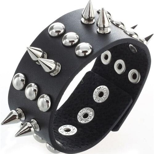 Metal leather men bracelet with Spikes Studded Black