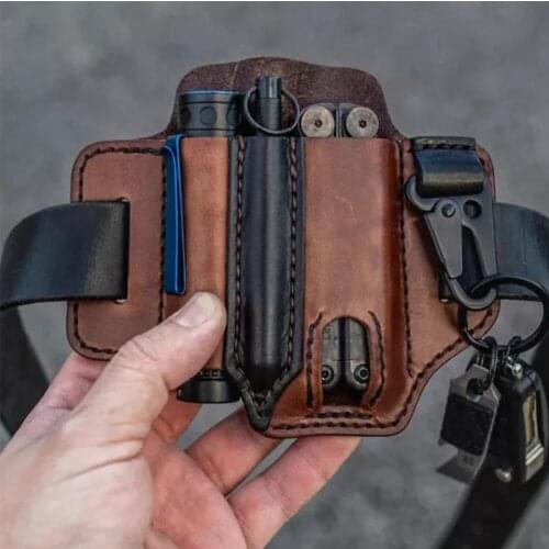 Leather Sheath Multitool Belt Pouch EDC Pocket Organizer With Key Holder For Belt And Flashlight Outdoor Camping Hiking Tools