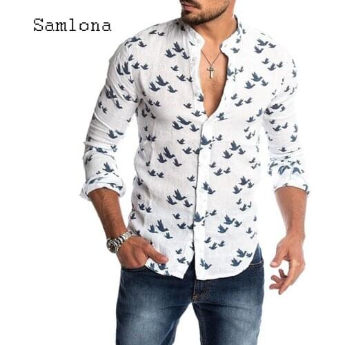 Plus Size Men Elegant Leisure Skinny Blouse Open Stitch Linen Top 2021 Fashion Birds Print Casual Shirt blusas Homme Ropa Man