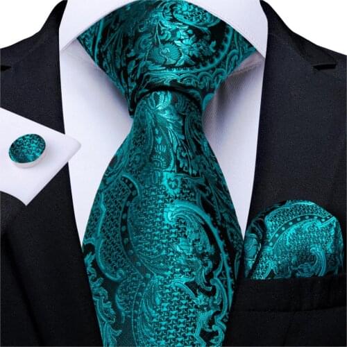 Men Tie Teal Blue Paisley Quality Wedding Tie For Men Hanky Cufflink Silk Tie Set DiBanGu Novelty Design Business Party MJ-7314