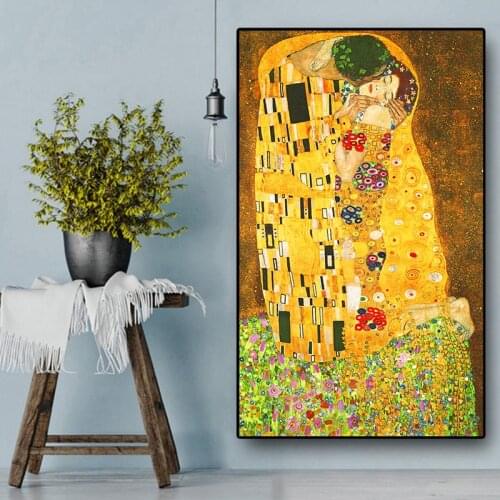 Famous Artist Gustav Klimt kiss Abstract Oil Painting on Canvas Print and Poster Art Wall Pictures For Living Room Cuadros