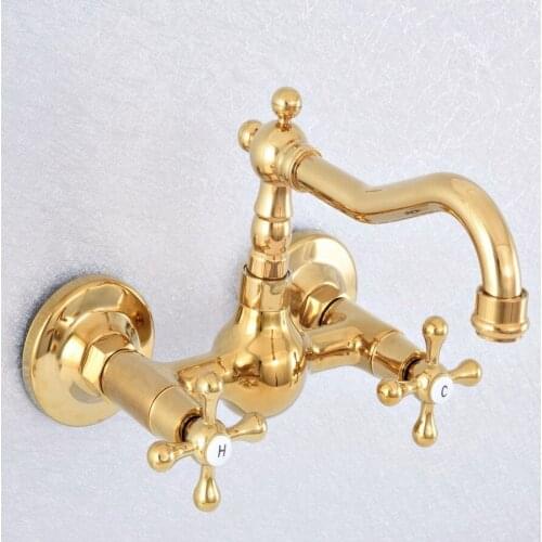 Wall Mounted Bathroom Kitchen Faucet Dual Handle Gold Brass Hot and Cold Water Tap 360 Swivel Spout Kitchen Mixer Tap