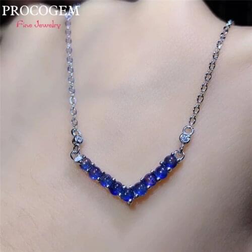 Natural Sri Lanka Sapphire V Necklaces for Women High quality 3x3mm 1.8Ct Genuine gems Fine jewelry 925 Sterling Silver #389