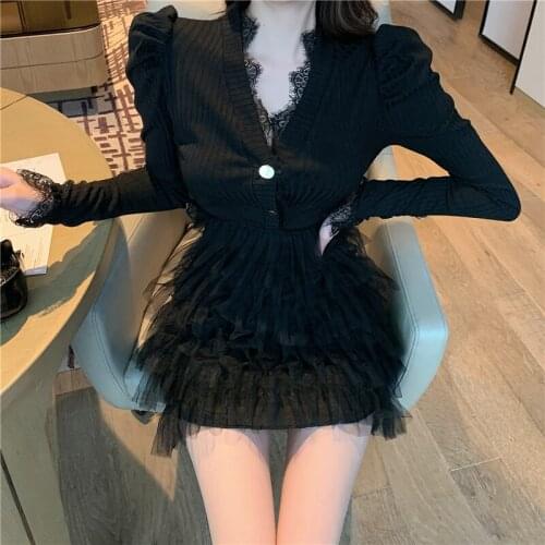 2021 spring and winter new French retro lace V-neck long-sleeved dress slim waist mesh ruffles womens clothing knitwear