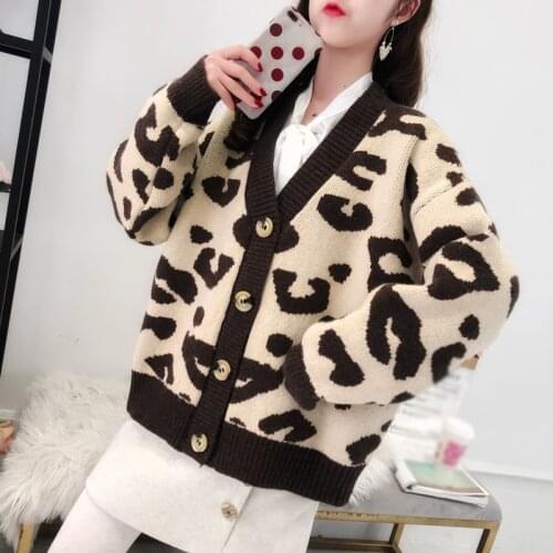 Womens Leopard Knitted Thick Sweater Cardigan Female V Neck Single Breasted Long Sleeve Sweaters Autumn Cardigans Oversized