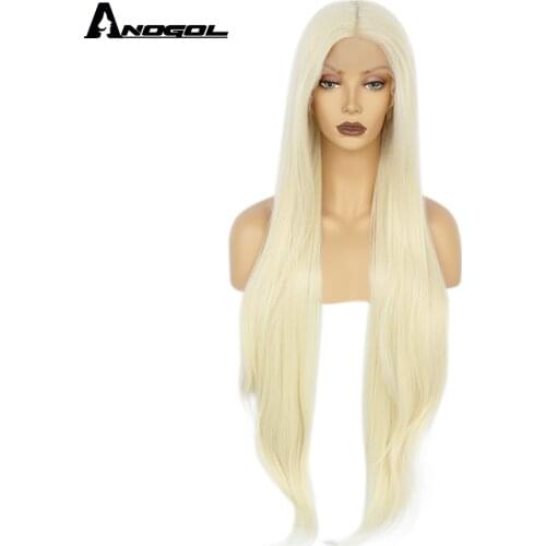 Anogol 42 Inch Long Straight 613 Blonde Synthetic Part Lace Wigs Middle Part High Temperature Fiber Hair Wig for Women