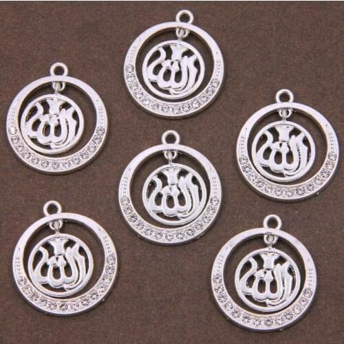 6PCS Wholesale Round Religious Muslim Metal Charm Islamic Allah Round Full Rhinestone Pendant for Jewelry DIY Handicrafts