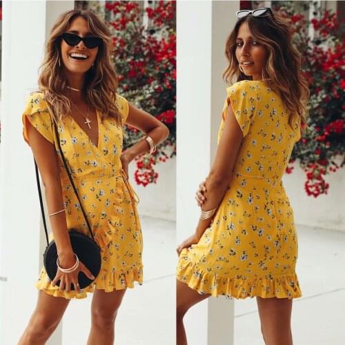 Early spring new womens clothing European and American style fashionVFloral print ruffled lace-up dress