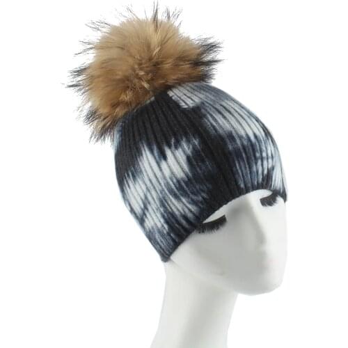 Brand Luxury Winter Tie-Dye Knitted Beanies For Women Real Fur Pompom Wool Hat Bonnet Soft Warm Skullies Cap