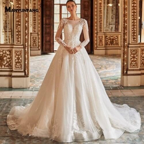 2021 New Arrival O-Neck Embroidery Appliques Tulle Chapel Train Bridal Ball Gown Custom Made Full Sleeve Lace Up Wedding Dress