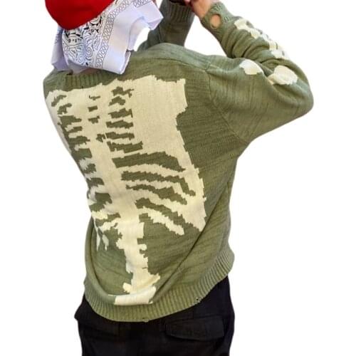 Women Men Crew Neck Sweaters Casual Long Sleeve Skeleton Print Loose Knit Pullovers Green