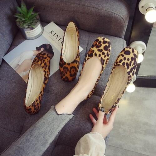 Square toe leopard flats shallow slip on women single shoes large size 34-43 all match flock loafers lady casual comfy moccasins