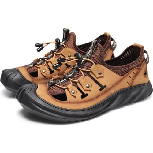 Outdoor Men Hiking Sandals Genuine Leather Mountain Climbing Trekking Sport Shoes Rubber Anti-skid Breathable Aqua Water Sandals