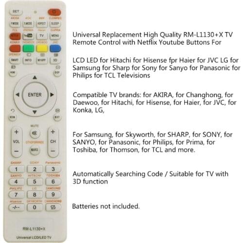 T5EE Universal Replacement RM-L1130+X Remote Control with Netflix Youtube Buttons,TV Channel Voice Regulator for LCD LED 3D TVs