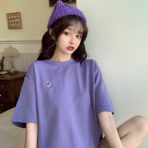 2021 Summer Women T-shirt Tops Butterfly Short Sleeve Loose Long Top Tee Shirt Femme O-neck Plus Size Purple Yellow Clothing